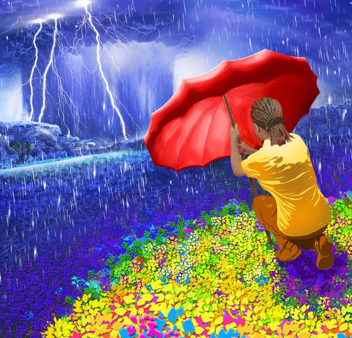 Image of a person holding an umbrella, sheltering flowers from a storm.